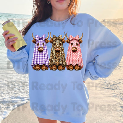 Highland Cow Ghost DTF Transfers, Halloween Spooky Cow Leopard Polka Dot Bow Ready to Press