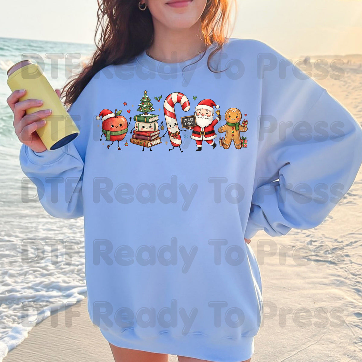 Christmas Teacher Squad DTF Transfers, Holiday School Apple Books Santa Teacher Ready to Press