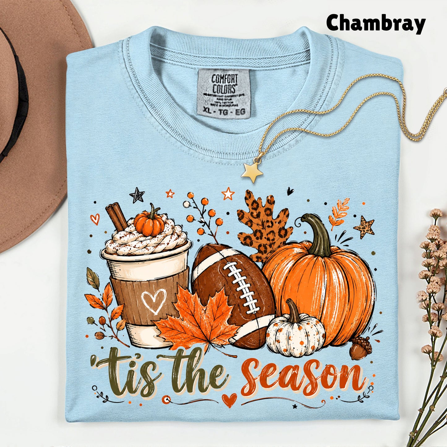 Tis the Season Football Fall T-Shirt, Pumpkin Spice Coffee Thanksgiving Tee