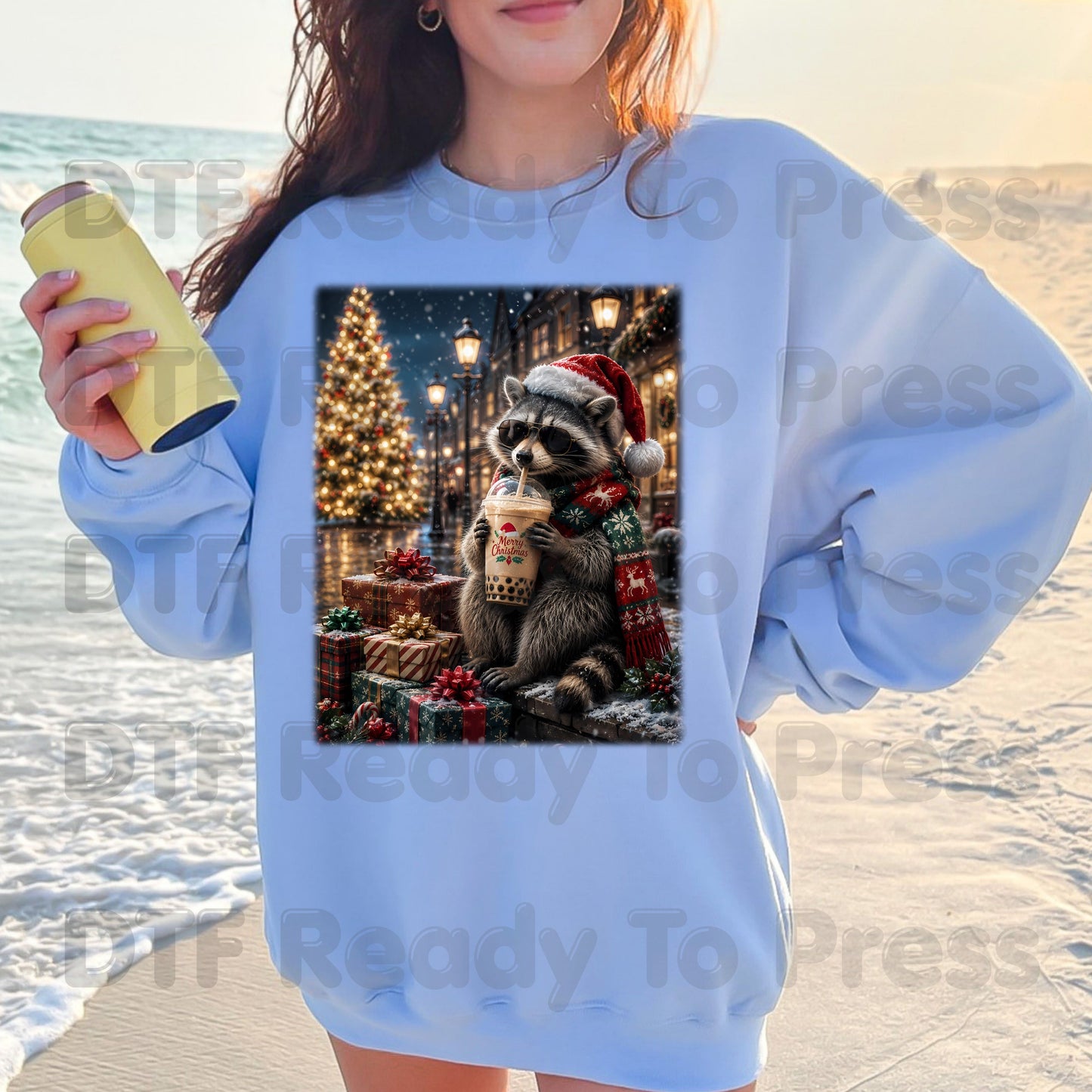 Christmas Raccoon DTF Transfers, Santa Hat Coffee Drink Cute Holiday Winter Ready to Press