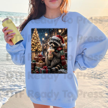Christmas Raccoon DTF Transfers, Santa Hat Coffee Drink Cute Holiday Winter Ready to Press