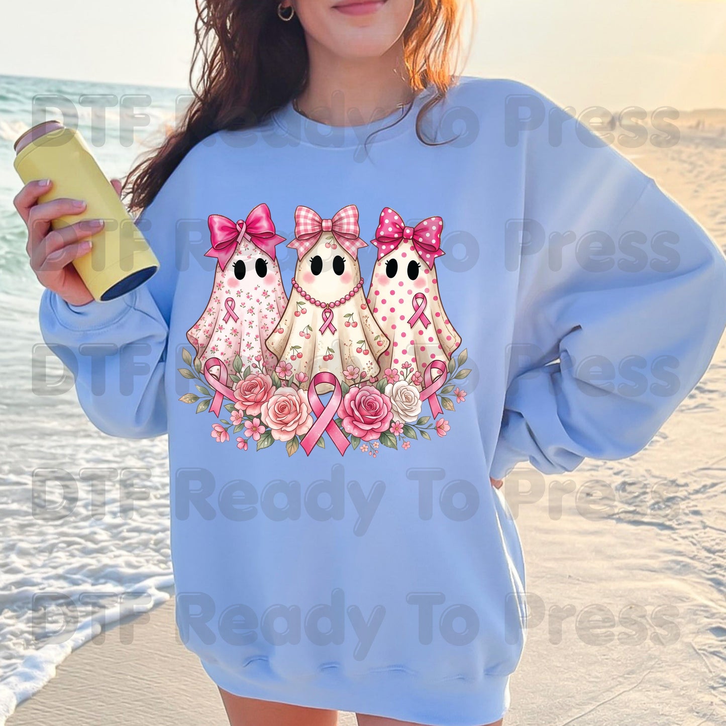 Pink Ghost Boo Crew Breast Cancer Awareness DTF Transfer Ready to Press Heat Transfer Floral Ribbon Tee