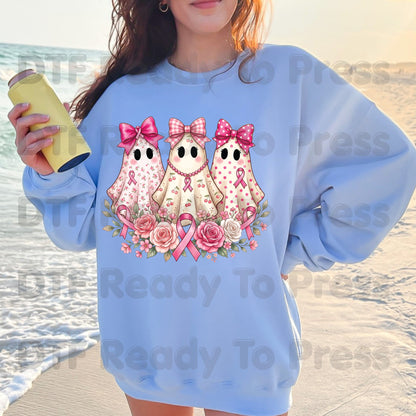 Pink Ghost Boo Crew Breast Cancer Awareness DTF Transfer Ready to Press Heat Transfer Floral Ribbon Tee