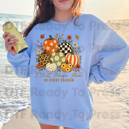 Halloween I Will Praise Him In Every Season DTF Transfer Ready to Press Fall Pumpkin Heat Transfer For Shirts Floral Leopard Retro Print