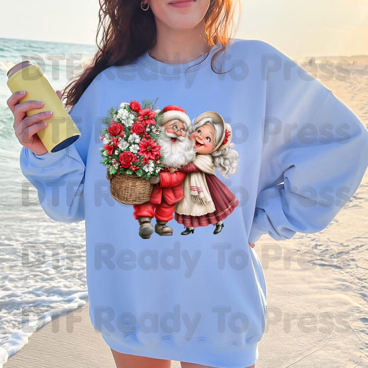 Santa Mrs Claus DTF Transfers, Vintage Christmas Couple Flowers Holiday Ready to Press