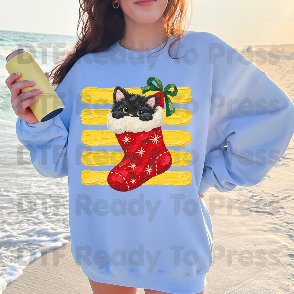 Christmas Black Cat DTF Transfers, Stocking Cute Kitten Holiday Ready to Press
