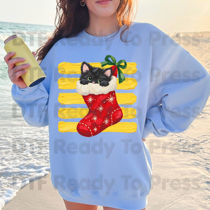 Christmas Black Cat DTF Transfers, Stocking Cute Kitten Holiday Ready to Press