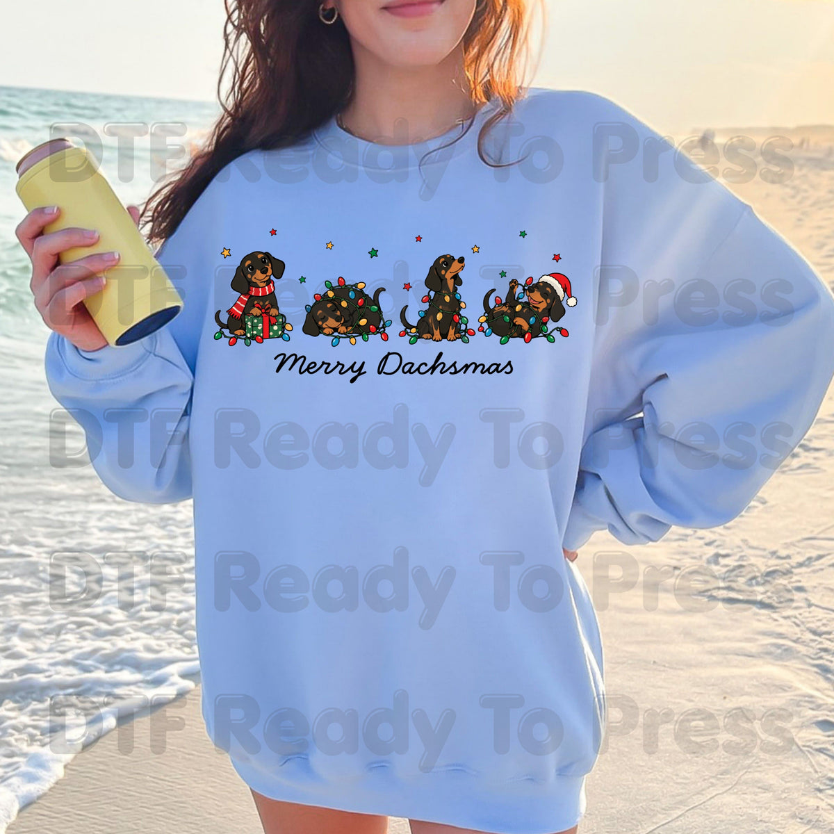Merry Dachsmas DTF Transfers, Dachshund Dogs Christmas Lights Funny Holiday Ready to Press
