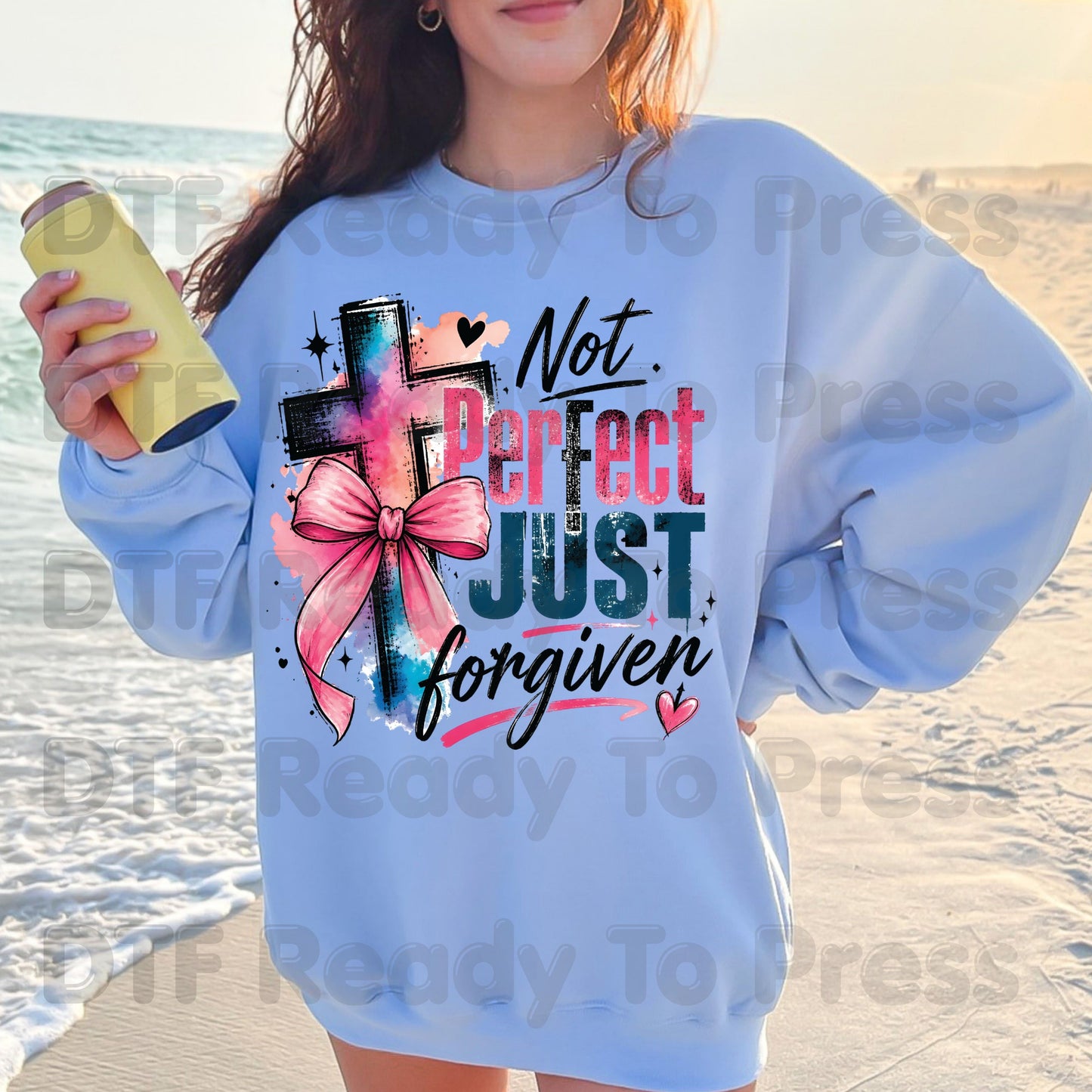Christian DTF Transfer Not Perfect Just Forgiven Religious Transfer Ready to Press Heat Transfer for Shirts Watercolor Cross Pink Bow Tee