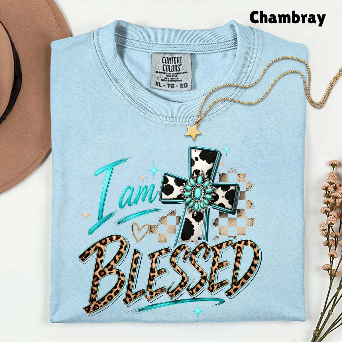 I Am Blessed Western Cross Cow Print T-Shirt, Turquoise Leopard Faith Tee