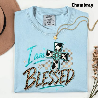 I Am Blessed Western Cross Cow Print T-Shirt, Turquoise Leopard Faith Tee