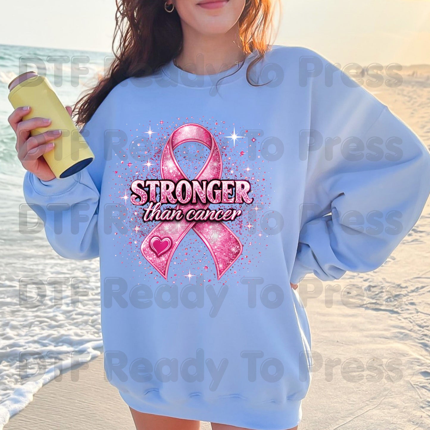 Stronger Than Cancer Pink Ribbon DTF Transfer Ready to Press Heat Transfer Glitter Sparkle Awareness Tee