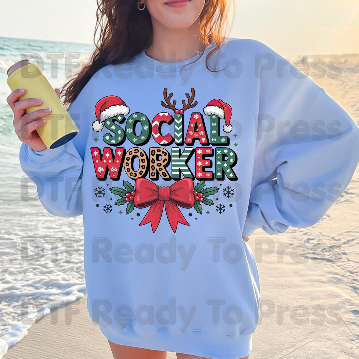 Christmas Social Worker DTF Transfers, Holiday Santa Hat Leopard Bow Social Work Ready to Press