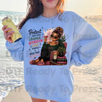 Inspirational Self Care Girl DTF Transfers, Protect Your Peace Love Yourself Wine Woman Quote Ready to Press