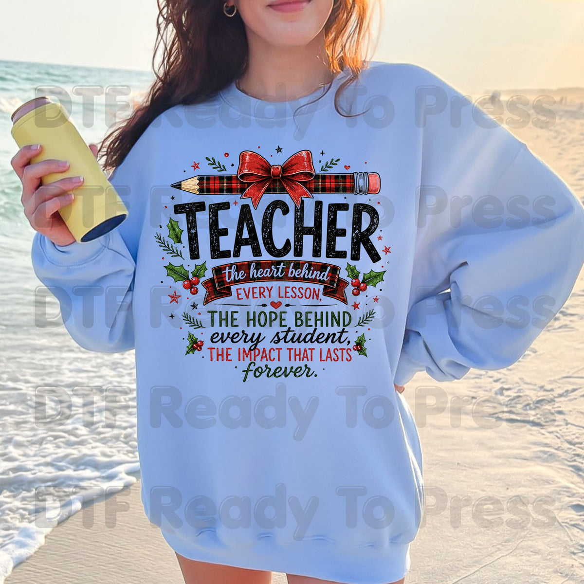 Christmas Teacher DTF Transfers, Heart Behind Every Lesson School Plaid Bow Pencil Holiday Ready to Press