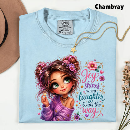 Joy Shines Laughter Space Buns Girl T-Shirt, Cute Floral Quote Tee