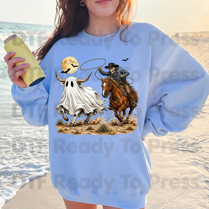 Halloween DTF Transfers, Skeleton Cowboy Ghost Bull Lasso Western Spooky Rodeo Ready to Press