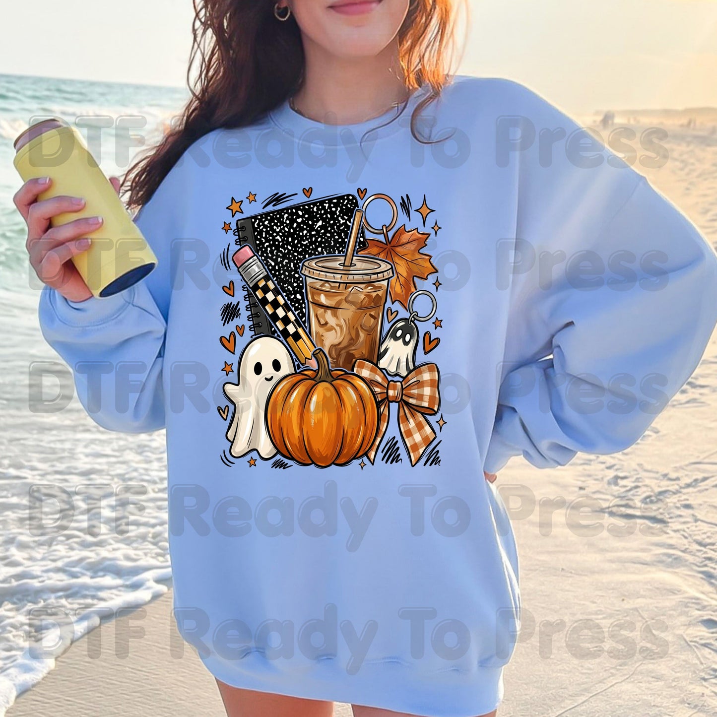 Spooky Teacher DTF Transfer Ready to Press Halloween Fall Heat Transfer For Shirts Iced Coffee Ghost Pumpkin Pencil Composition Notebook
