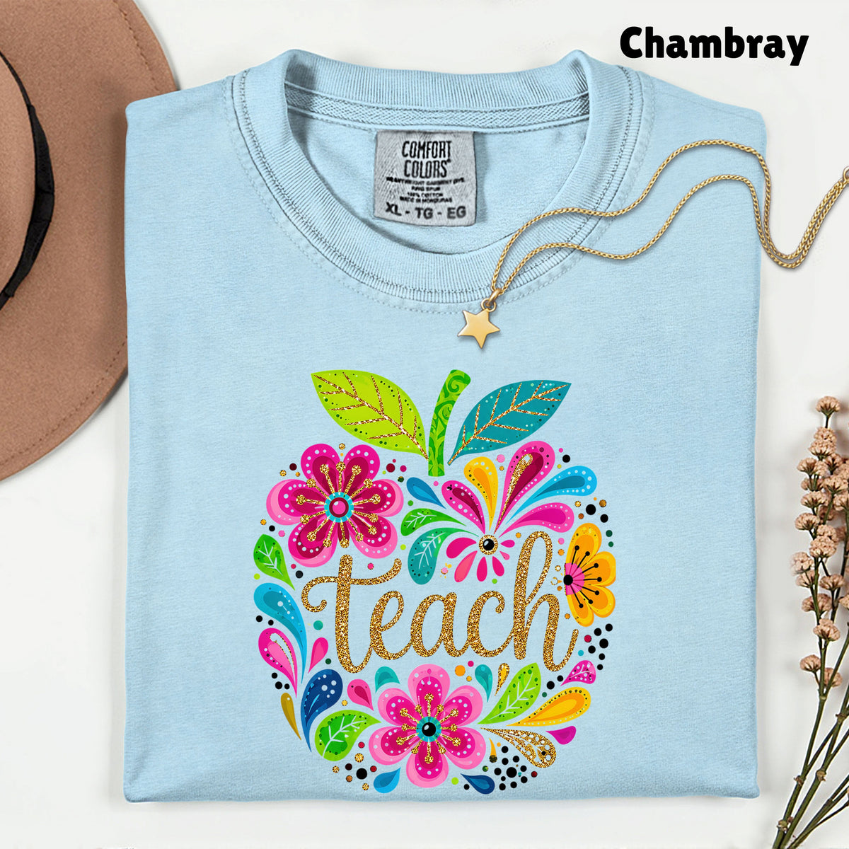 Teacher Teach Floral Apple T-Shirt, Colorful Back to School Teacher Life Tee