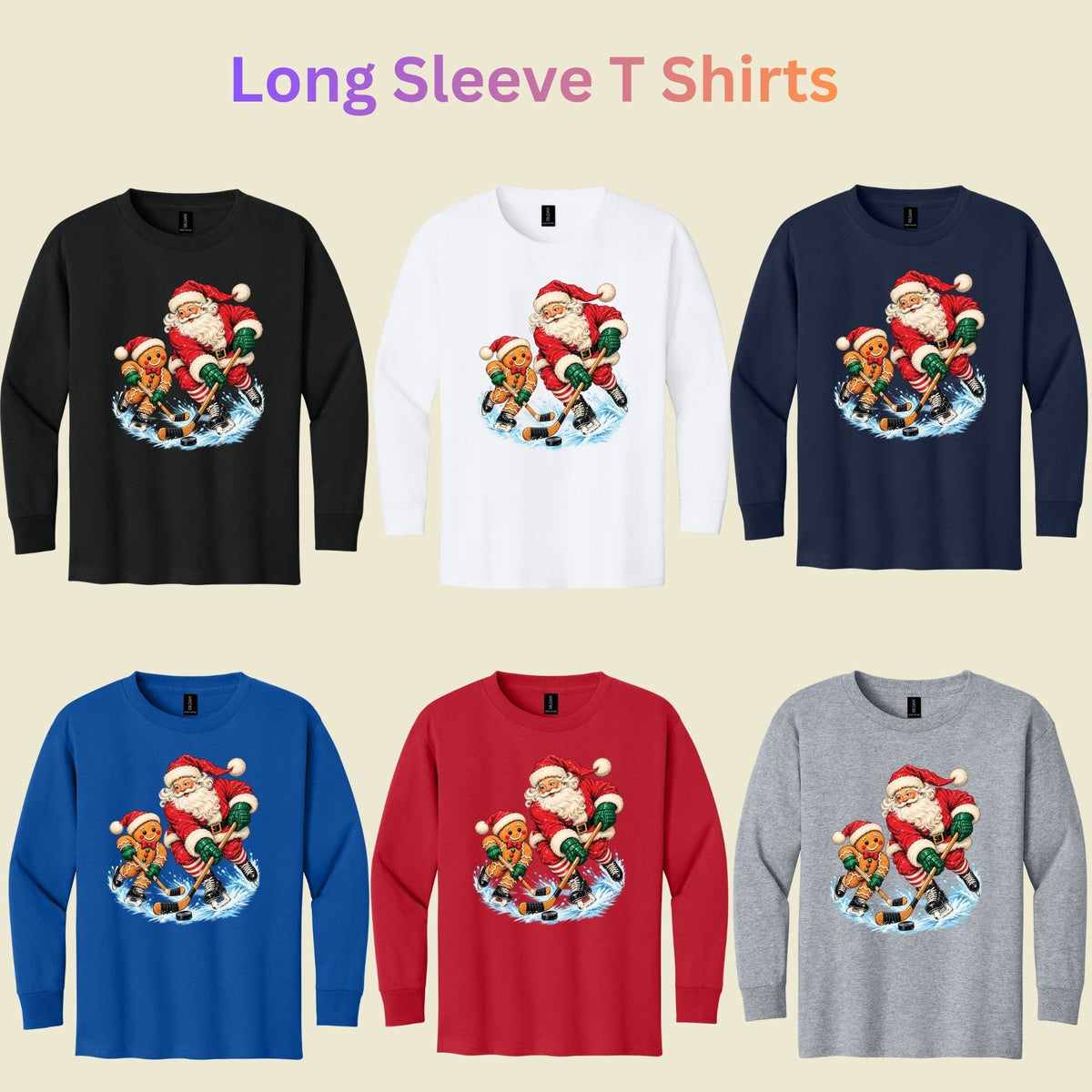 Christmas Hockey T-Shirt, Santa and Gingerbread Man Playing Hockey, Funny Holiday Sports Tee