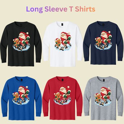 Christmas Hockey T-Shirt, Santa and Gingerbread Man Playing Hockey, Funny Holiday Sports Tee