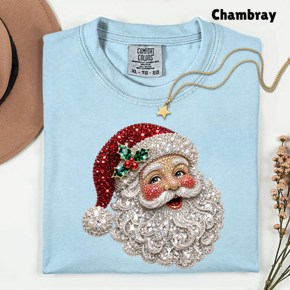 Christmas Santa Claus Vintage T-Shirt, Bejeweled Rhinestone Santa Head Festive Holiday Tee