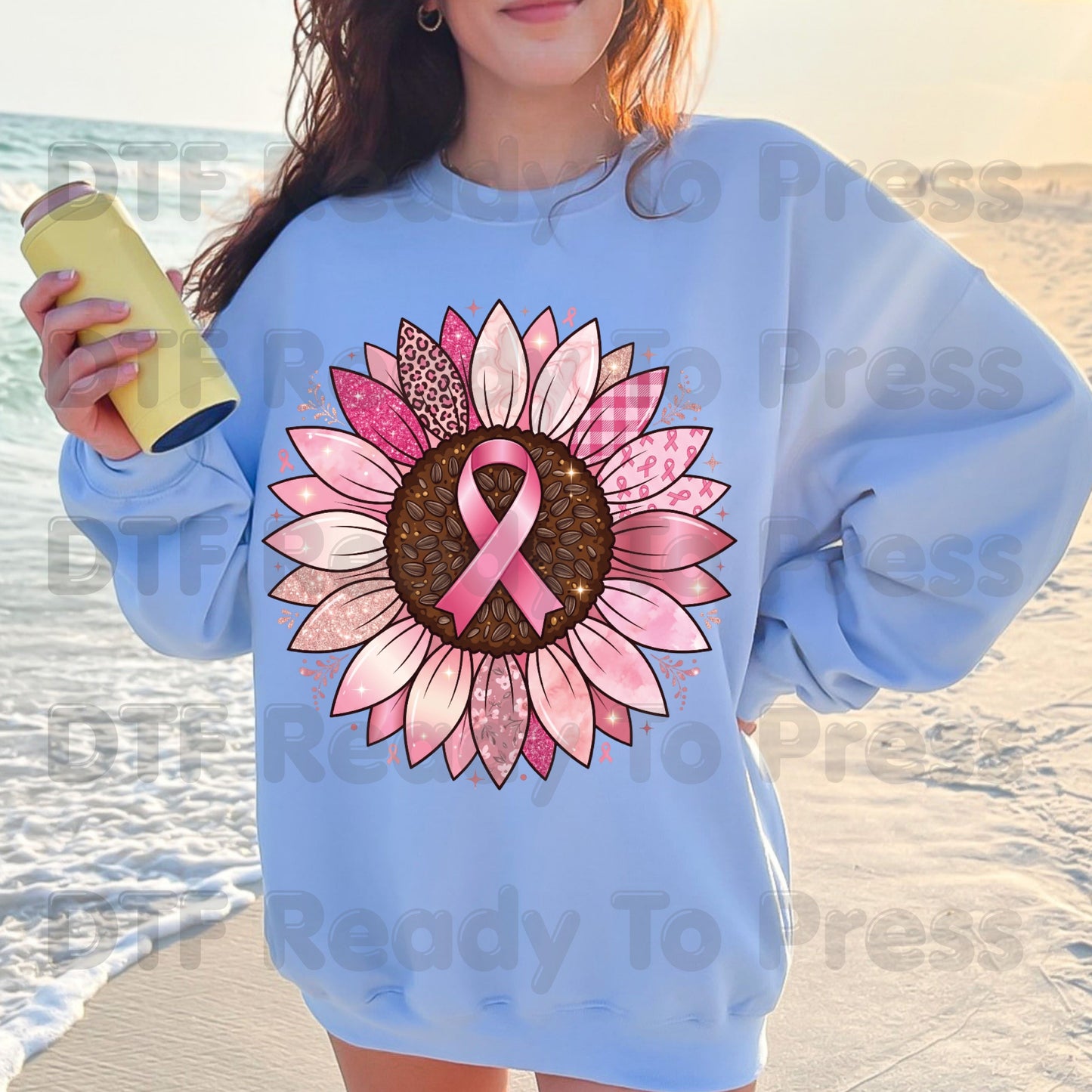 Pink Sunflower Breast Cancer Awareness DTF Transfer Ready to Press Heat Transfer Ribbon Tee