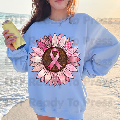 Pink Sunflower Breast Cancer Awareness DTF Transfer Ready to Press Heat Transfer Ribbon Tee