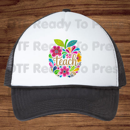 Teacher DTF Transfers, Teach Floral Apple Colorful Back to School Teacher Life Ready to Press