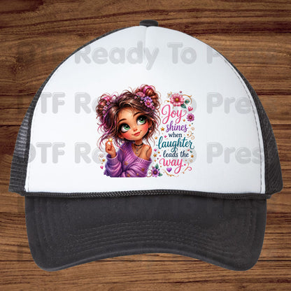 Joy Shines Laughter DTF Transfers, Cute Space Buns Girl Floral Quote Ready to Press