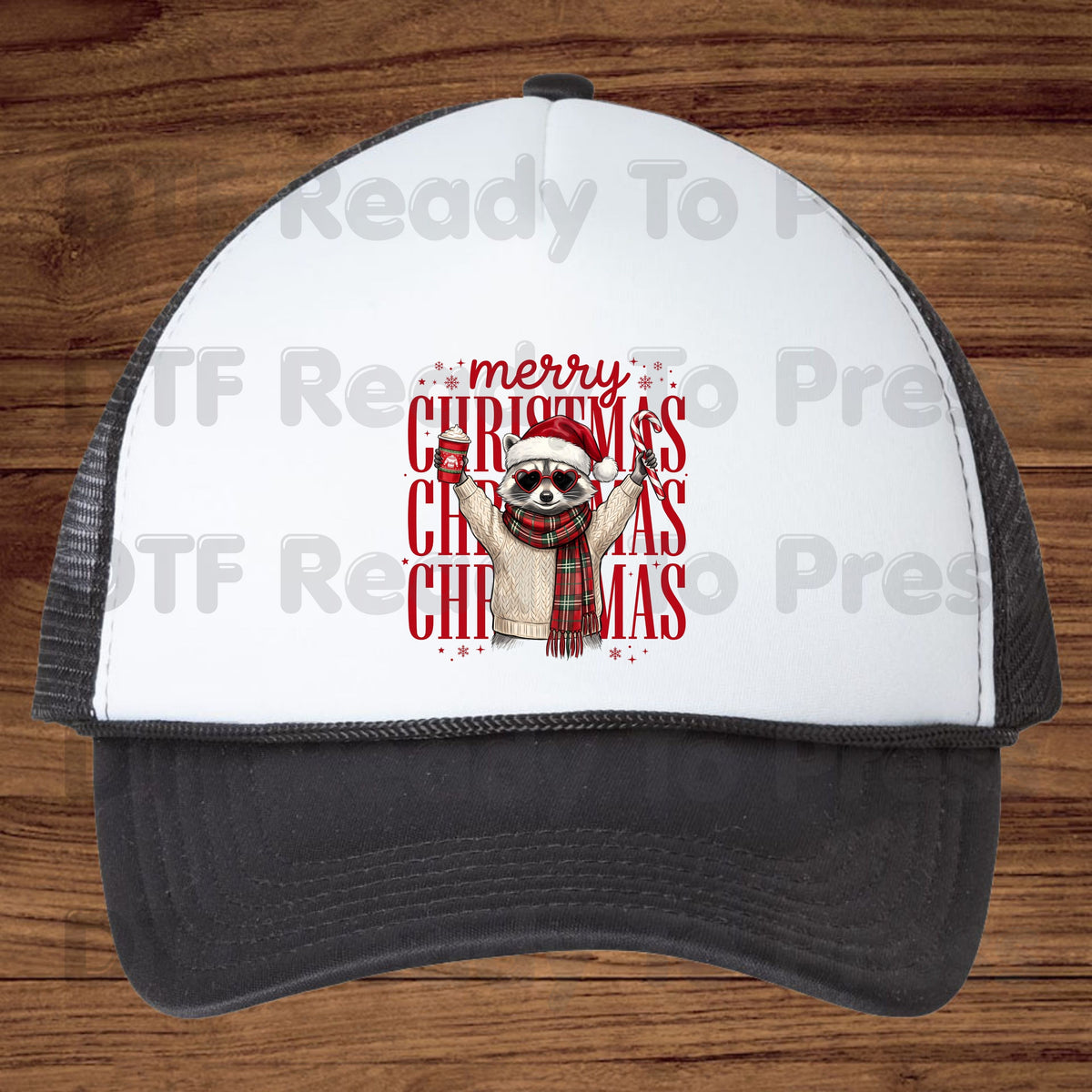 Merry Christmas Raccoon DTF Transfers, Coffee Candy Cane Festive Holiday Ready to Press