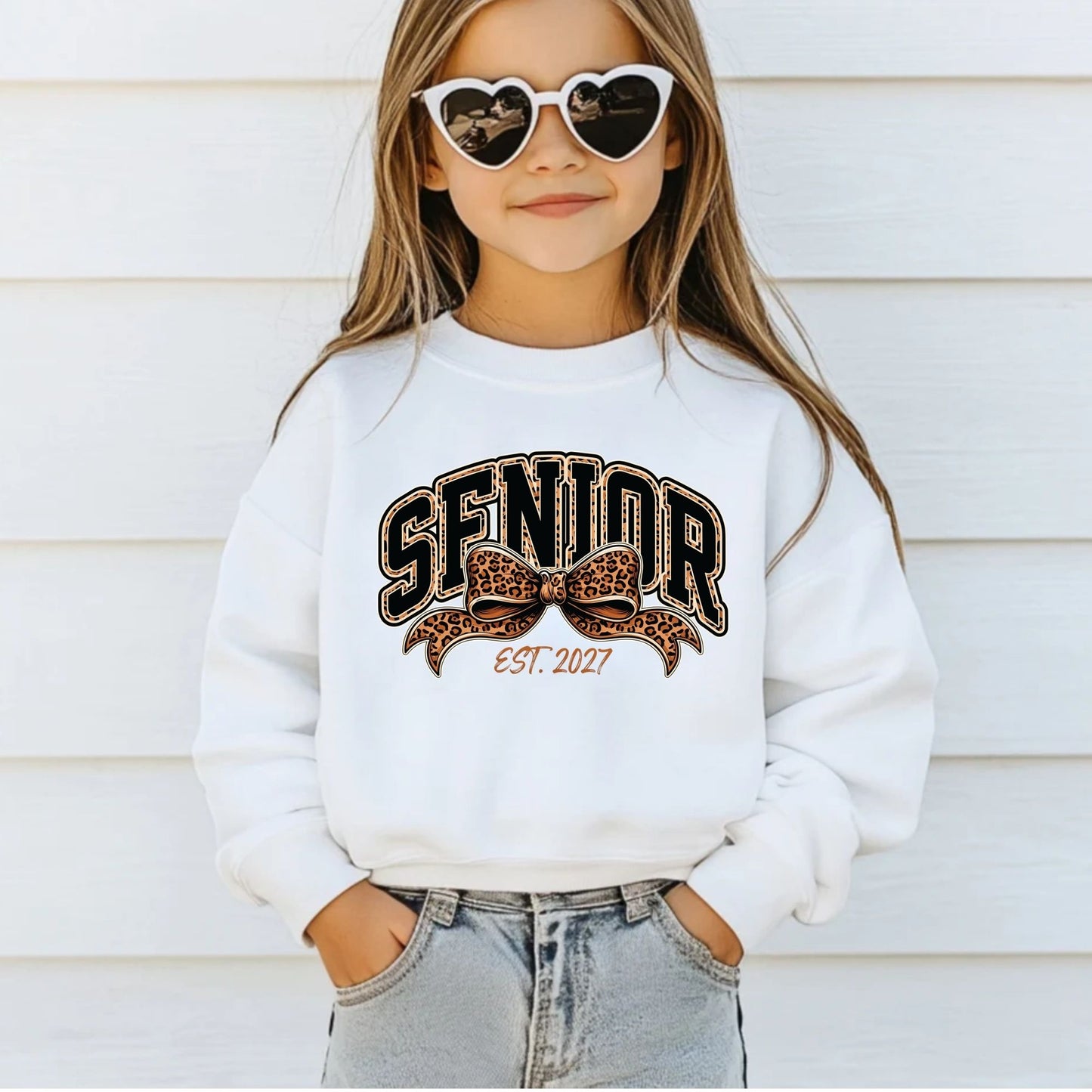 Senior Est 2027 DTF Transfer Ready to Press Graduation Heat Transfer for Shirts Black Orange Leopard Print Bow Varsity Font Tee