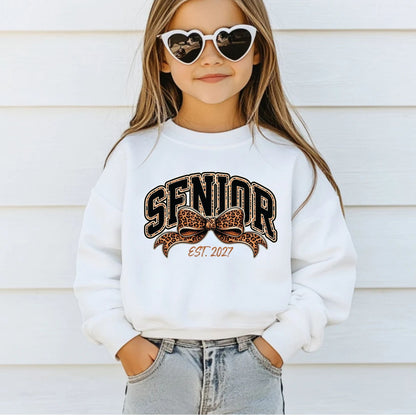 Senior Est 2027 DTF Transfer Ready to Press Graduation Heat Transfer for Shirts Black Orange Leopard Print Bow Varsity Font Tee