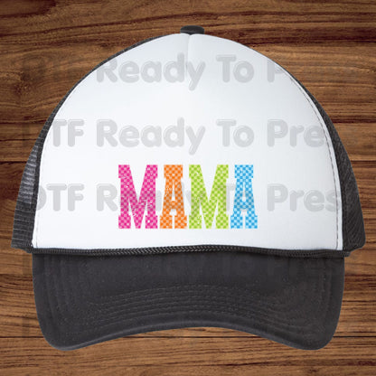 Mama DTF Transfers, Colorful Checkered Retro Distressed Mama Ready to Press