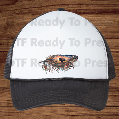 Western Buffalo Feather DTF Transfers, Dreamcatcher Boho Bison Tribal Sunset Ready to Press
