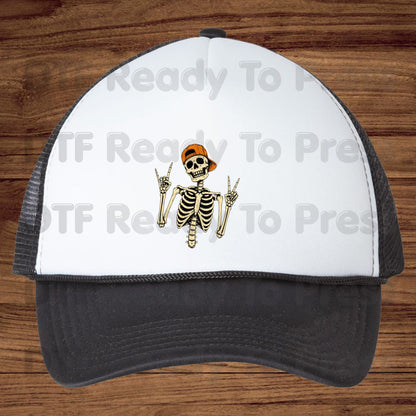 Cool Skeleton DTF Transfers, Rock On Peace Sign Halloween Orange Hat Ready to Press
