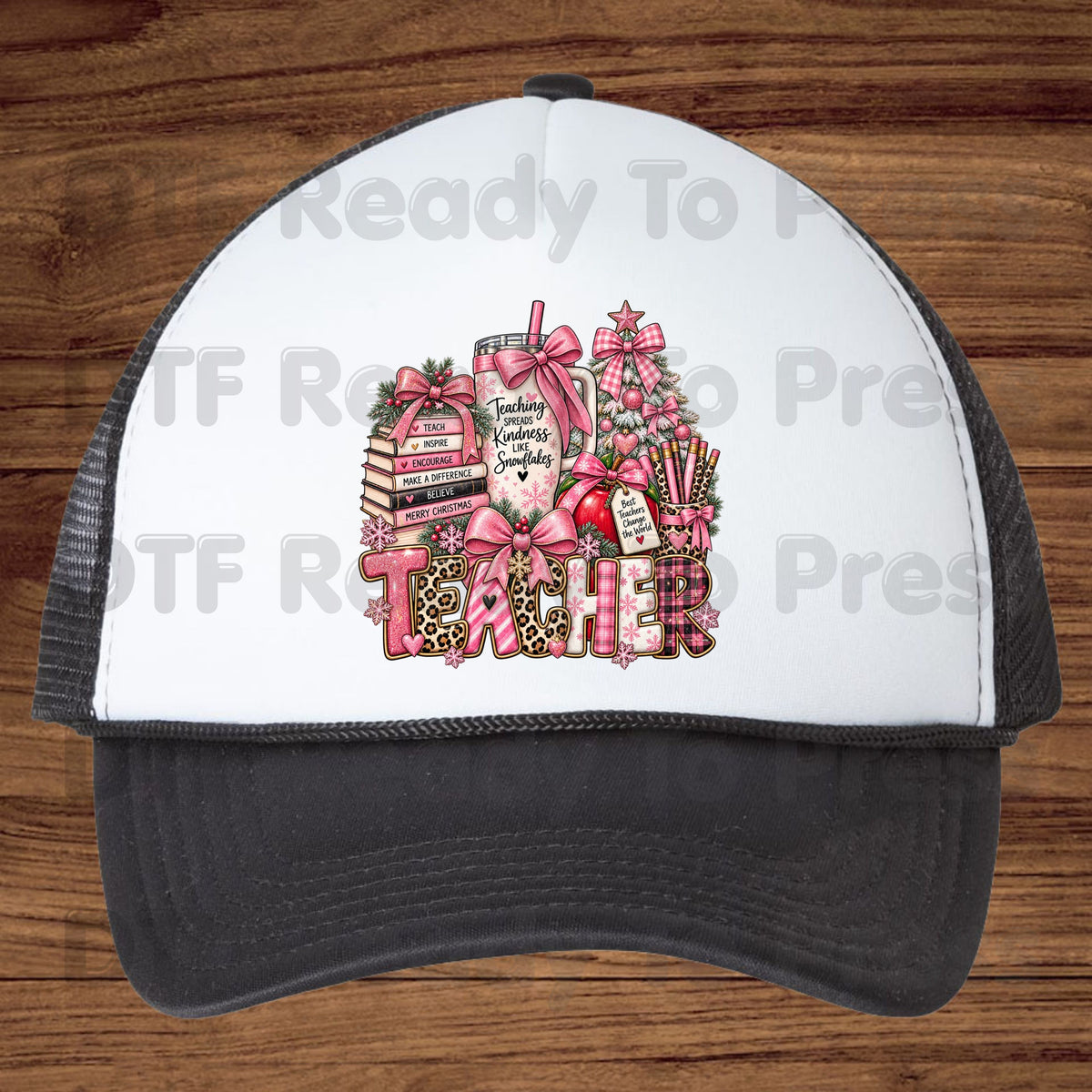Christmas Pink Teacher Bow DTF Transfers, School Tumbler Leopard Holiday Ready to Press