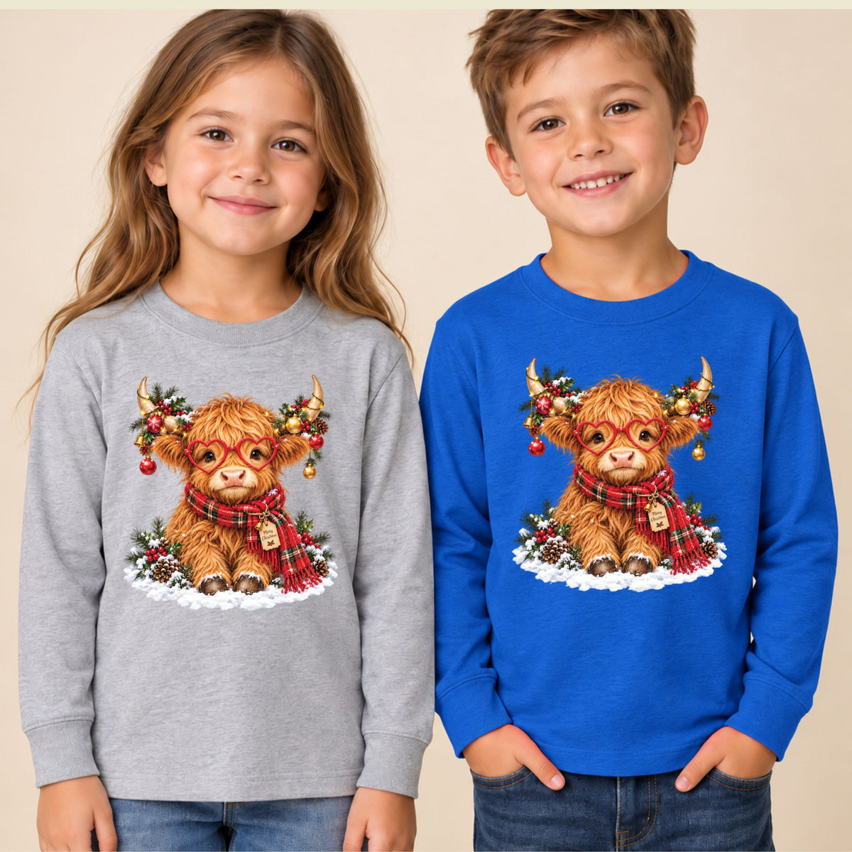 Christmas Highland Cow T-Shirt, Heart Glasses and Scarf Graphic Tee, Cute Holiday Shirt
