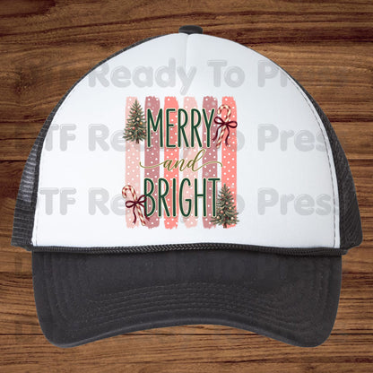 Christmas Merry and Bright DTF Transfer Ready to Press Pink Christmas Tree Candy Cane Heat Transfer for Shirts Retro Holiday Xmas DTF Print Cute Xmas