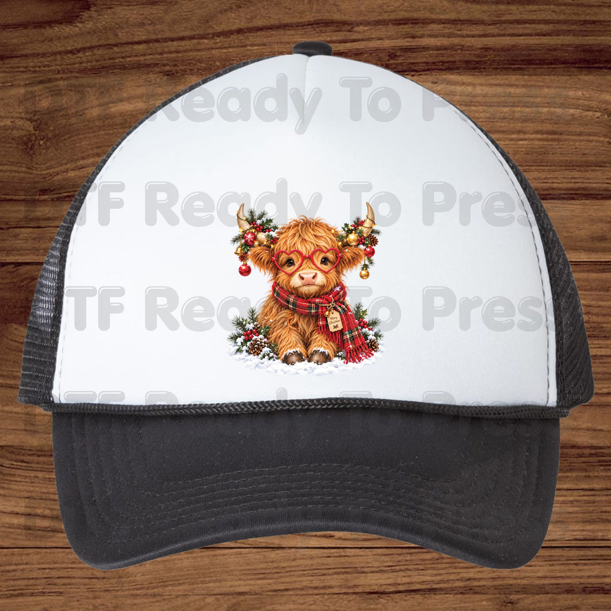 Christmas DTF Transfer, Highland Cow with Heart Glasses, Scarf and Ornaments