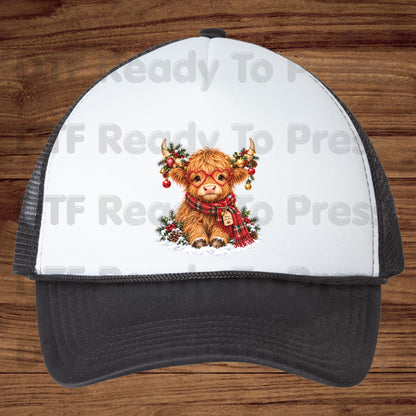 Christmas DTF Transfer, Highland Cow with Heart Glasses, Scarf and Ornaments