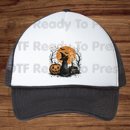 Halloween Black Cat DTF Transfers, Witch Hat Full Moon Pumpkin Spooky Vintage Books Magic Ready to Press