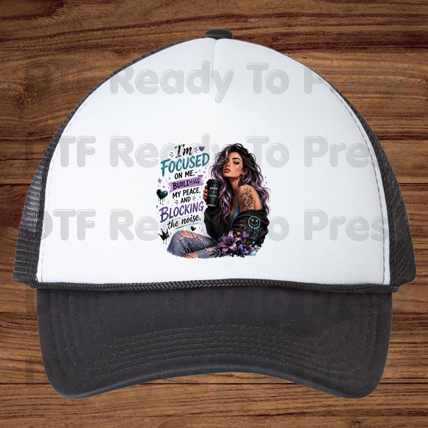 I'm Focused on Me DTF Transfers, Sassy Girl Coffee Mind My Peace Quote Purple Vibe Ready to Press