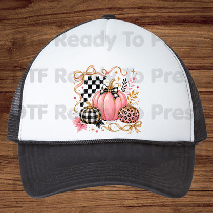 Pink Coquette Fall Pumpkin DTF Transfers, Leopard Plaid Ribbon Bow Checkered Autumn Ready to Press