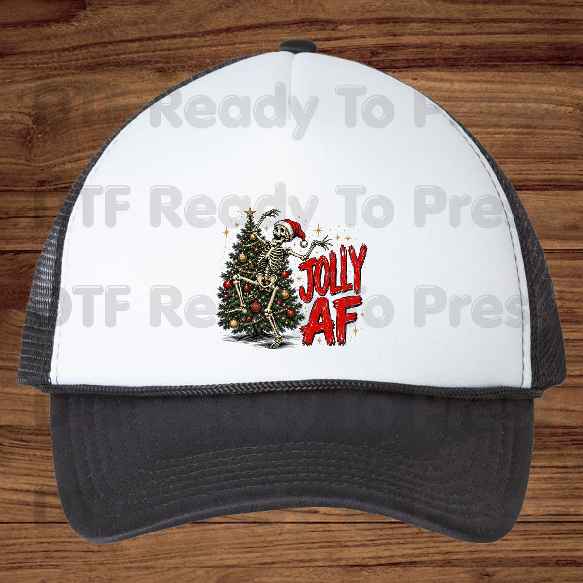 Jolly AF Skeleton DTF Transfers, Santa Hat Christmas Tree Funny Holiday Ready to Press