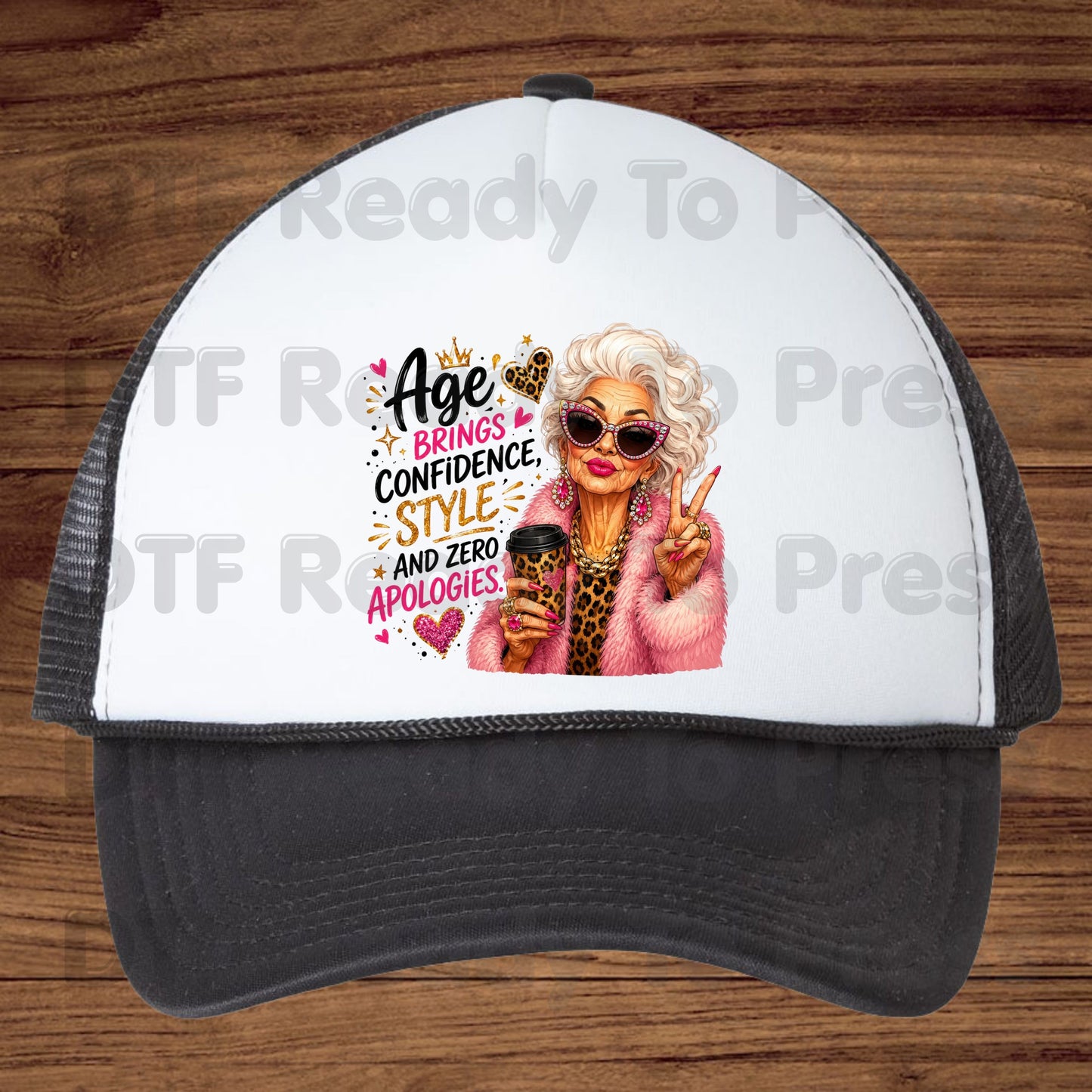 Age Brings Confidence DTF Transfers, Fabulous Glam Senior Woman Leopard Coffee Cup Ready to Press