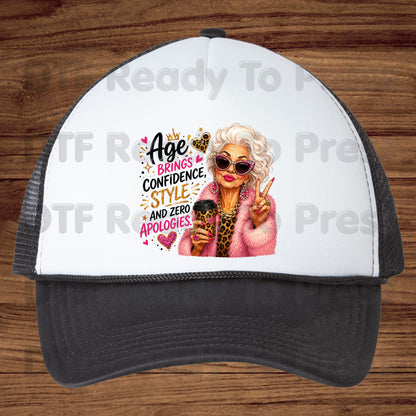 Age Brings Confidence DTF Transfers, Fabulous Glam Senior Woman Leopard Coffee Cup Ready to Press