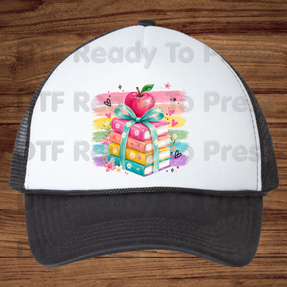 Coquette Stacked Books DTF Transfers, Apple Ribbon Colorful Teacher Brushstrokes Ready to Press