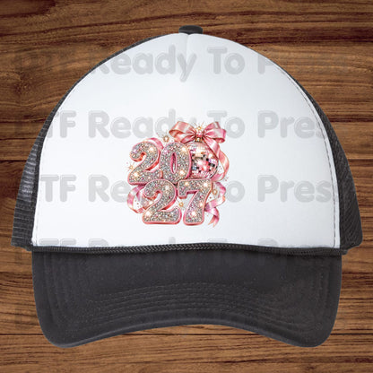 New Year 2027 DTF Transfer, Pink Glitter Numbers, Disco Ball Bow