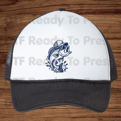 Fishing DTF Transfer, Bass Fish with Sunglasses and Trucker Hat Graphic